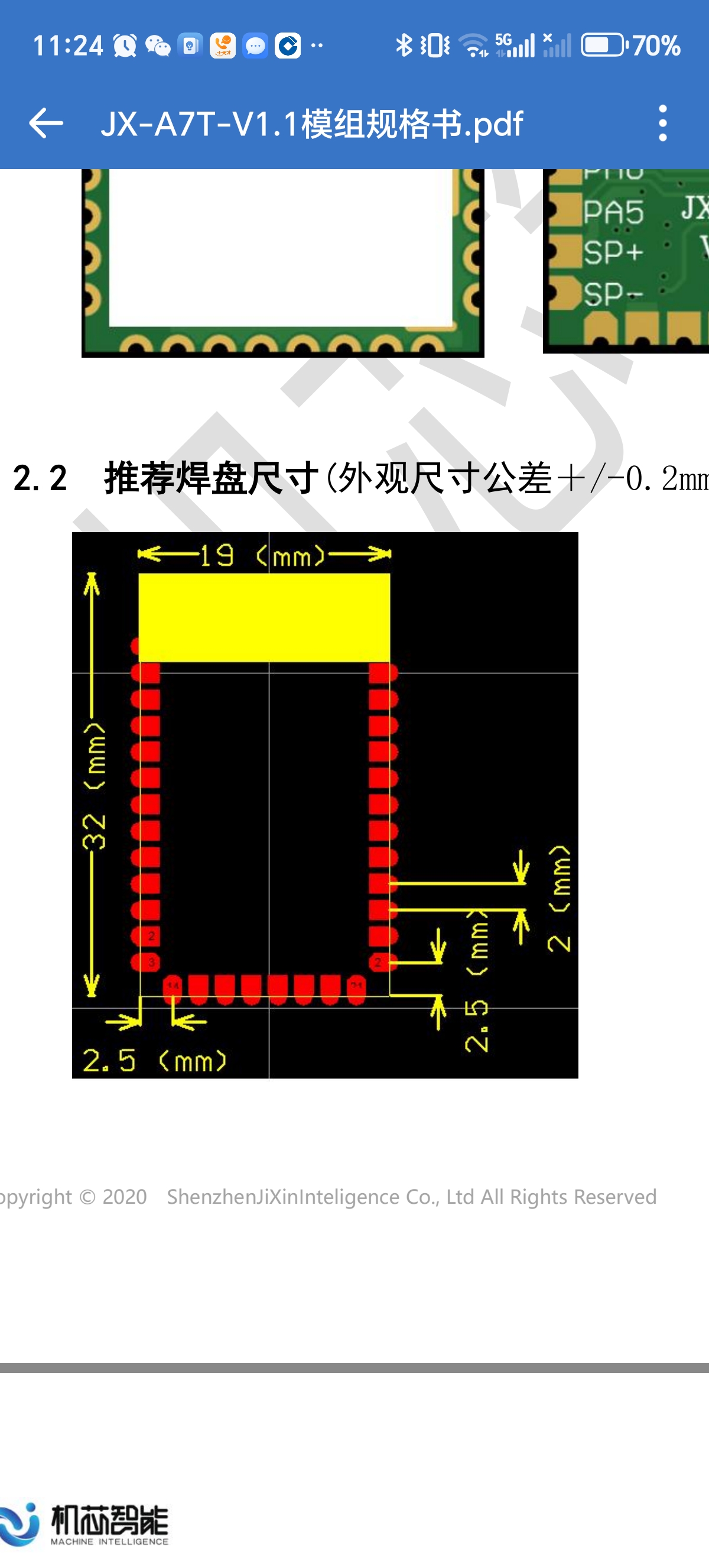 JX-A7T模块推荐焊盘尺寸图