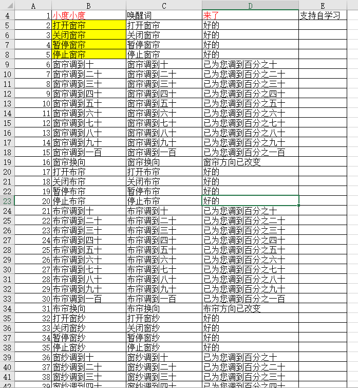 自学习命令词表格